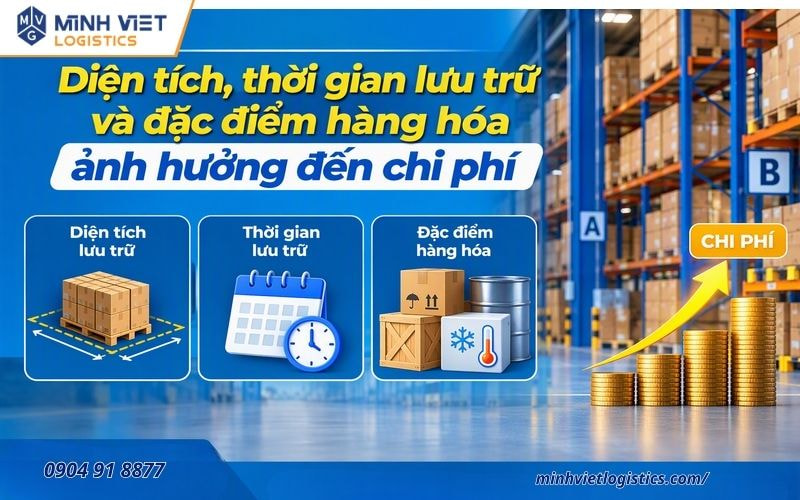Diện tích, thời gian lưu trữ và đặc điểm hàng hóa ảnh hưởng đến chi phí